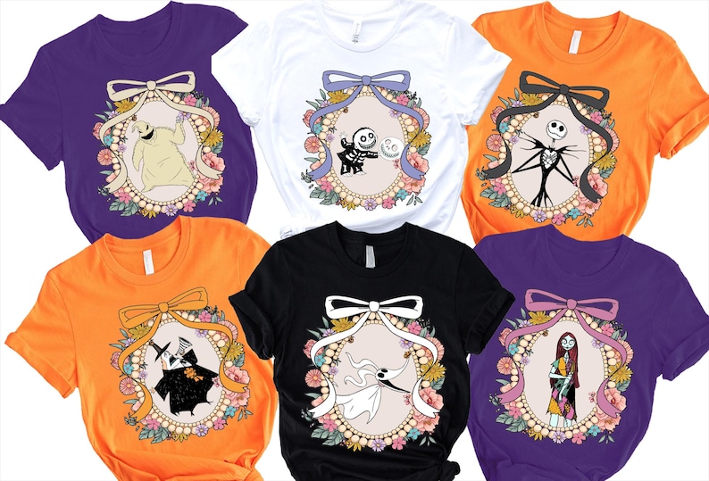 a collection of t-shirts featuring various Halloween-themed designs, including characters from the movie "The Nightmare Before Christmas".