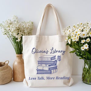 Custom Library Tote Bag, Custom Name Book Bags, Bookworm Tote Bags, Reading Tote Gift, Gift for Book Lover, Bookish Tote Bags