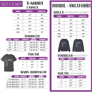 a size chart for T-shirts and hoodies, providing measurements and corresponding sizes for different age groups.