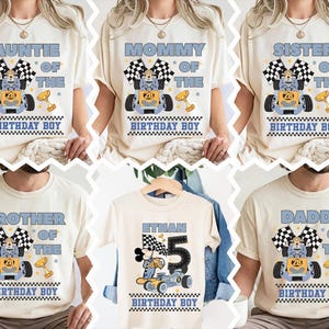 May include: Cream-colored t-shirts with racing-themed graphics. Designs include text like "Auntie of the Birthday Boy," "Mommy of the Birthday Boy," and "Ethan 5 Birthday Boy." Each shirt features a race car and checkered flags.