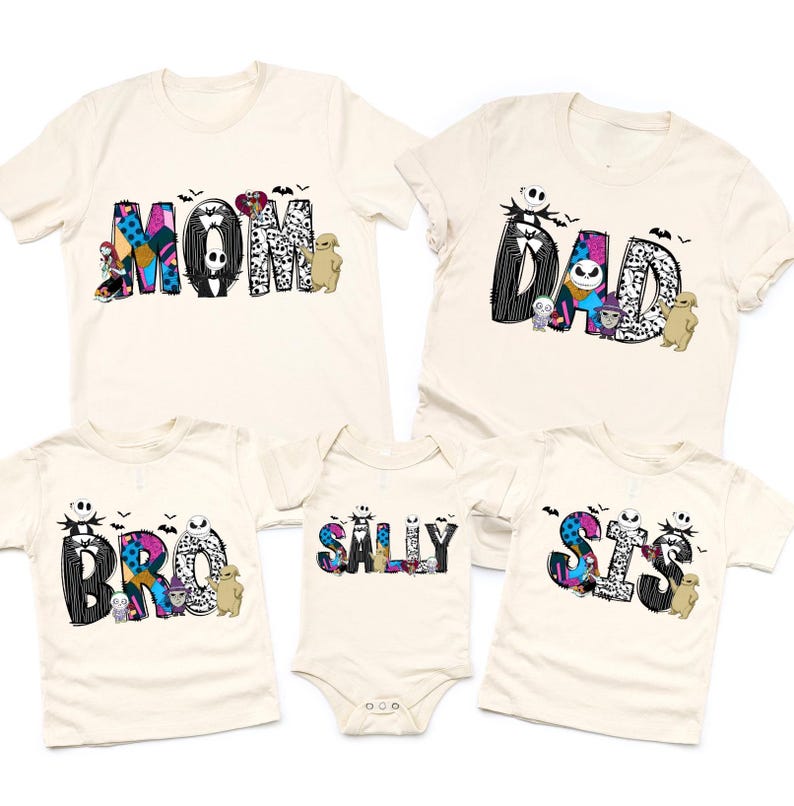 a collection of white t-shirts with various names and characters printed on them, including the characters from the movie " Nightmare Before Christmas".