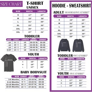 The image provides a size chart for both a T-shirt and a hoodie/sweatshirt, along with measurements for different age groups, including toddler, youth, and baby. The chart lists the size and corresponding width and length for each age group, providing a clear visual representation of the available sizes and their corresponding measurements.