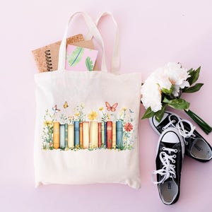 Flower Book Tote Bag, Bookworm Totes, Book Lover Gift Tote, Bookish Tote Bag, Girl Librarian Tote Bags, Literature Teacher Gift Bags