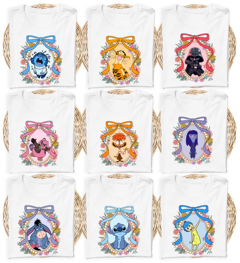 a collection of nine white t-shirts, each featuring a different cartoon character from popular children's television shows and movies. The characters are arranged in a 3x3 grid, with each row containing one character and each column containing one character. The characters are depicted in a variety of colors and styles, creating a visually appealing and diverse collection of t-shirt designs.