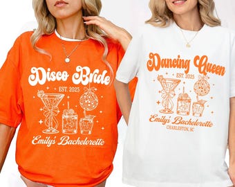 Disco vrijgezellenfeest shirt, gepersonaliseerd T-shirt voor het bruidsgezelschap, Dancing Queen trip shirt, disco bruidscadeau, bijpassend T-shirt voor vrijgezellenfeest