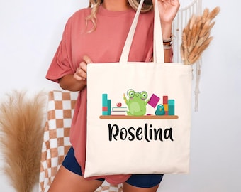 Custom Frog Tote Bag, Book Lover Totes, Funny Animal Tote, Library Tote Bags, Gift for Book Worm, Bookish Frog Tote Bags