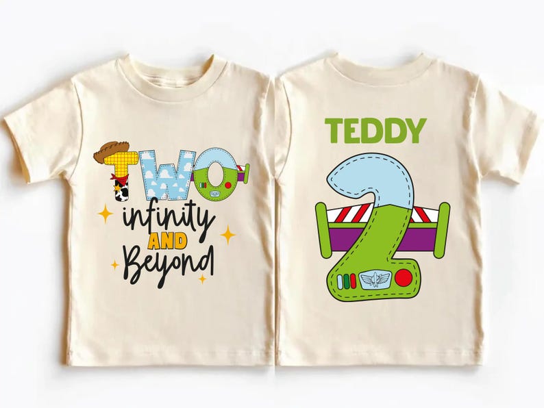 two white t-shirts with colorful designs and text on them.