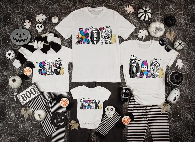 Halloween-themed family clothing, including t-shirts, pajamas, and other accessories, arranged on a spider web background.