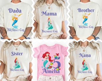 Koszulka urodzinowa z małą syrenką, koszulka urodzinowa dla dziewczynki z rodziny Disney, prezent dla księżniczki Ariel, bluza z syrenką Mama Dada, przyjęcie urodzinowe księżniczki