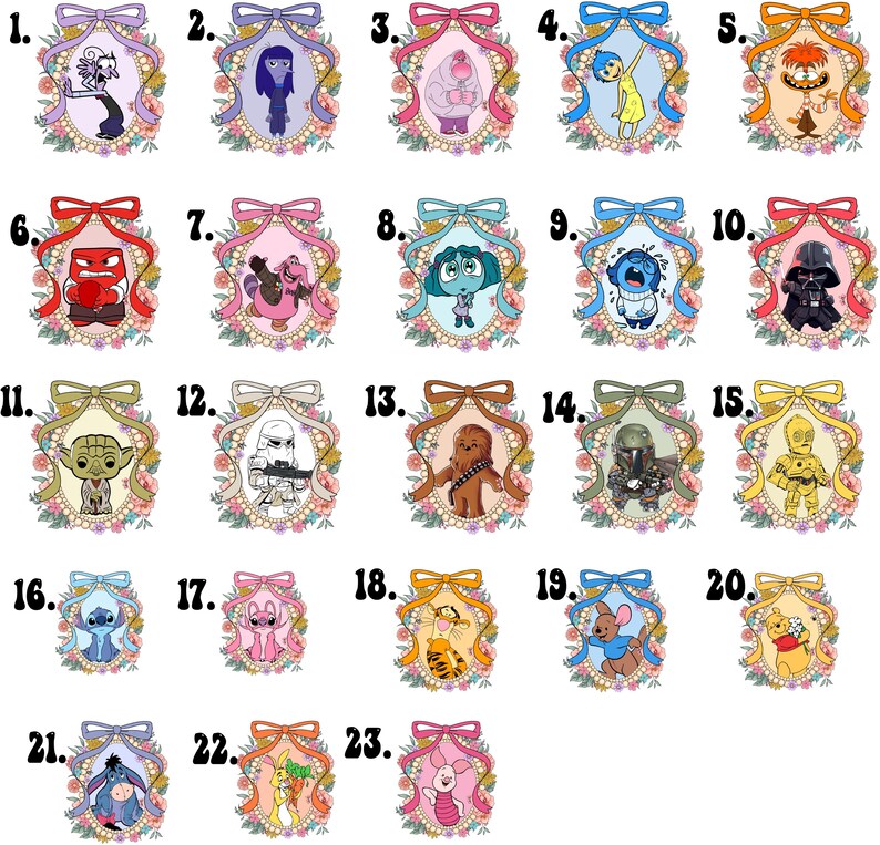 a collection of cartoon character illustrations, each with a unique design and color scheme. The characters are arranged in a grid format, with each row representing a different character and each column representing a different type of character. The characters are depicted in various poses and expressions, creating a diverse and visually engaging collection.