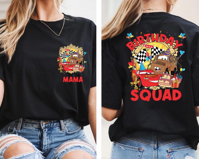 a woman wearing a black t-shirt with a graphic design on the back, depicting a birthday celebration with a car and the text "MAMA SQUAD".