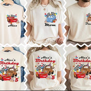 The image is a collage of six different t-shirt designs featuring the character Alex from the movie Cars. The t-shirts are personalized for different occasions, such as birthdays and anniversaries, with the names "Alex" and "Mom" printed on them.
