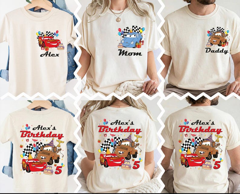 The image is a collage of six different t-shirt designs featuring the character Alex from the movie Cars. The t-shirts are personalized for different occasions, such as birthdays and anniversaries, with the names "Alex" and "Mom" printed on them.