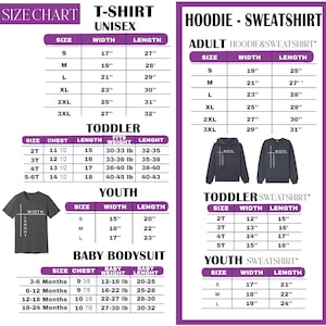 The image provides a size chart for both a T-shirt and a hoodie/sweatshirt, along with measurements for different age groups, including toddler, youth, and baby. The chart lists the size and corresponding width and length for each age group, providing a clear visual representation of the available sizes and their corresponding measurements.