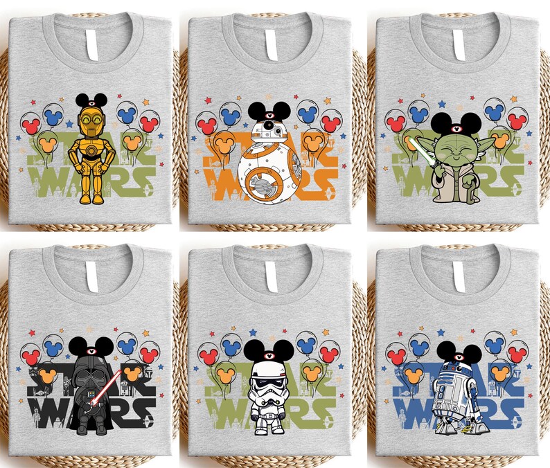 six t-shirts with various Star Wars characters and designs, including a robot, a character with a sword, and a character with a microphone.