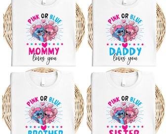 Maglietta Disney per rivelare il sesso del bambino, felpa per baby shower con la famiglia Stitch Angel, felpa con cappuccio per annunciare il sesso del bambino, pullover per attesa del bambino, maglietta rosa o blu