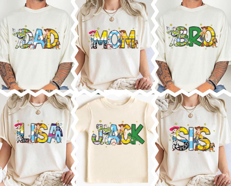 May include: Cream-colored t-shirts with the words "DAD", "MOM", "BRO", "LISA", "JACK", and "SIS" in colorful, cartoon-style lettering. Each word features characters from a popular animated movie.