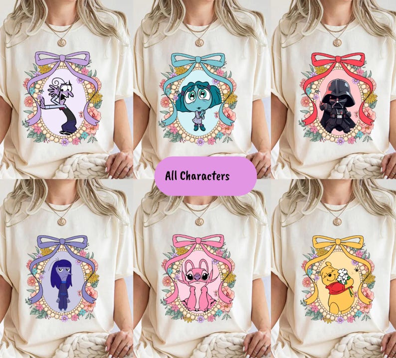 The image is a collage of six images, each featuring a different cartoon character on a white t-shirt. The characters include a character with a purple bow, a character with a blue bow, a character with a black bow, a character with a pink bow, a character with a yellow bow, and a character with a pink bow. The collage is titled "All Characters" and includes a pink banner at the bottom.
