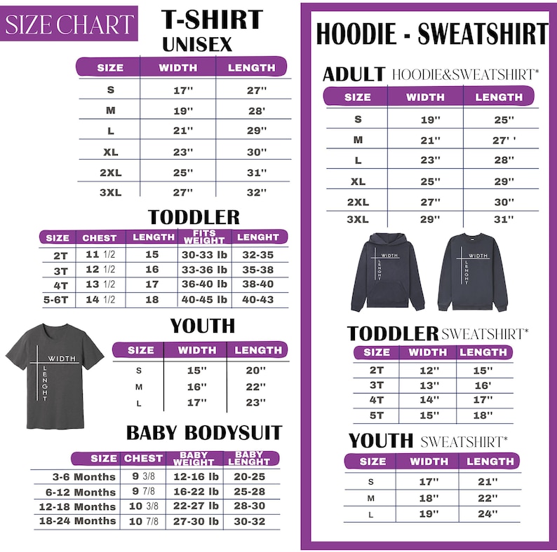 The image provides a size chart for both a T-shirt and a hoodie/sweatshirt, along with measurements for different age groups, including toddler, youth, and baby. The chart lists the size and corresponding width and length for each age group, providing a clear visual representation of the available sizes and their corresponding measurements.