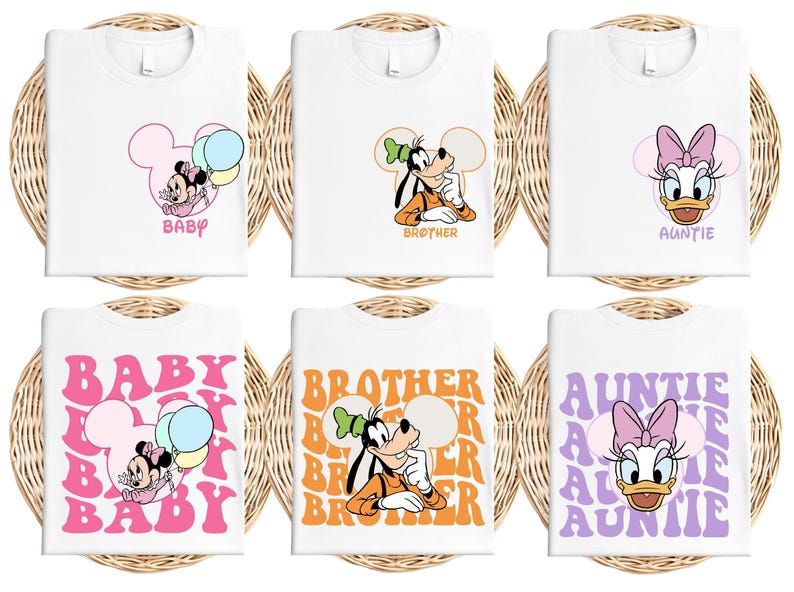 six white t-shirts with Disney character designs, including Minnie Mouse, Goofy, and Daisy Duck. The t-shirts feature various Disney character names and phrases, such as "BABY", "BROTHER", "AUNTIE", "BABY", "BROTHER", and "AUNTIE".