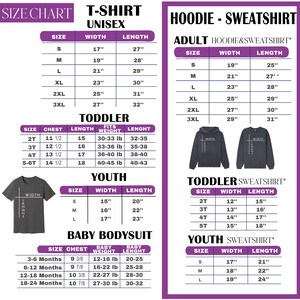 a size chart for T-shirts and hoodies, providing size and length information for different age groups, including toddler, youth, and baby.