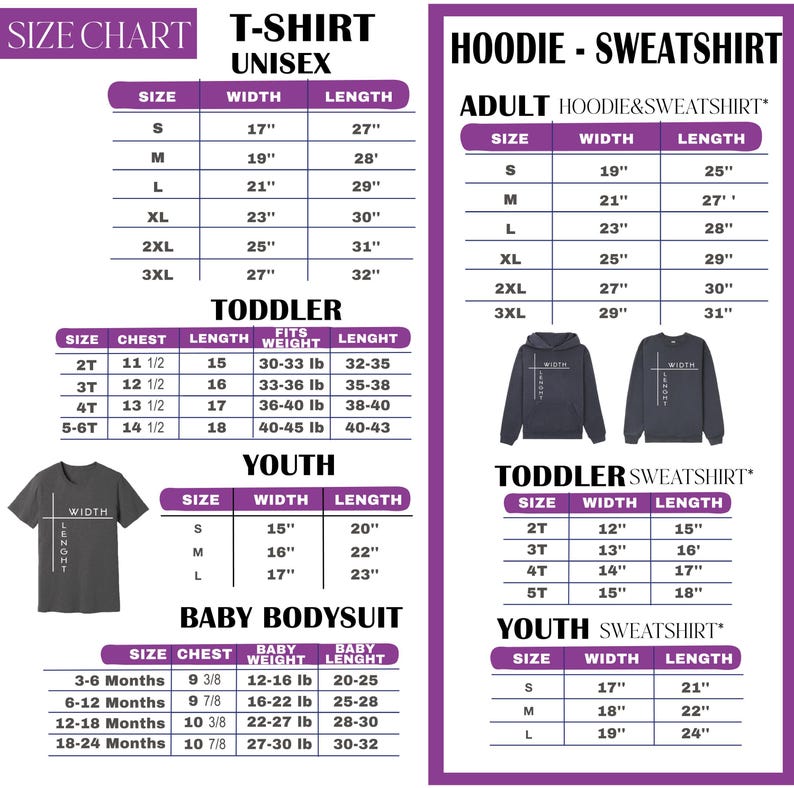 a size chart for T-shirts and hoodies, providing size and length information for different age groups, including toddler, youth, and baby.