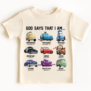 The image is a t-shirt design featuring various cartoon cars and their corresponding Bible verse titles.