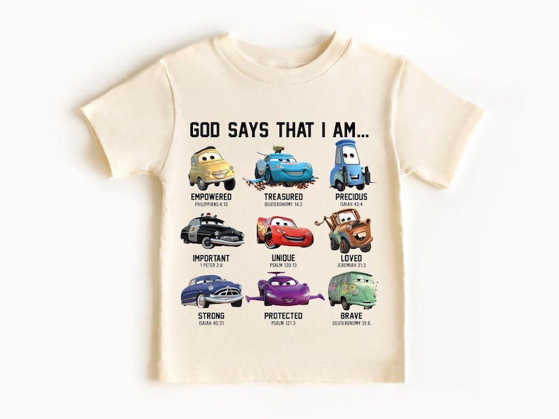 The image is a t-shirt design featuring various cartoon cars and their corresponding Bible verse titles.