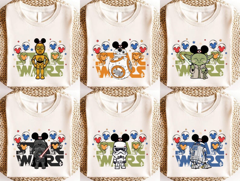 six white t-shirts with various Star Wars characters and designs printed on them.