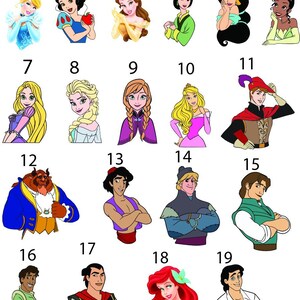 a collection of cartoon character illustrations, including Disney princesses, Disney villain characters, and Disney princesses.