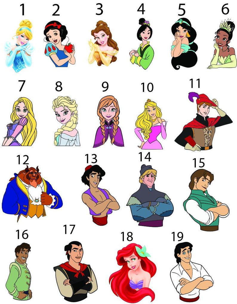 a collection of cartoon character illustrations, including Disney princesses, Disney villain characters, and Disney princesses.