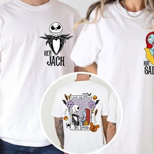 The image is a collage of two white t-shirts, each featuring a different design related to the characters Jack and Sally from the movie "The Nightmare Before Christmas".