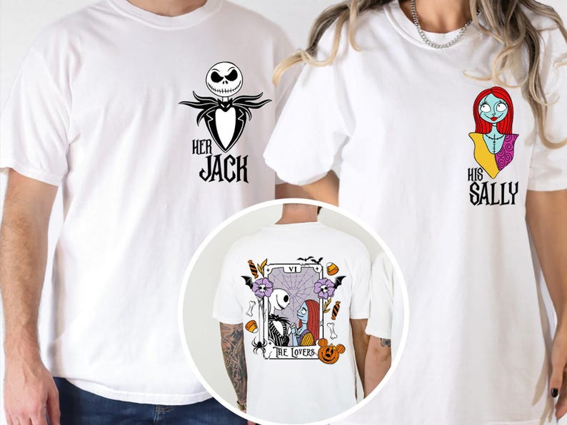 The image is a collage of two white t-shirts, each featuring a different design related to the characters Jack and Sally from the movie "The Nightmare Before Christmas".