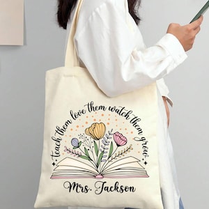 Custom Teacher Tote Bag, Back to School Totes, Teacher Appreciation Gift, Flower Teacher Canvas Tote Bag, Kindergarten Teacher Bag