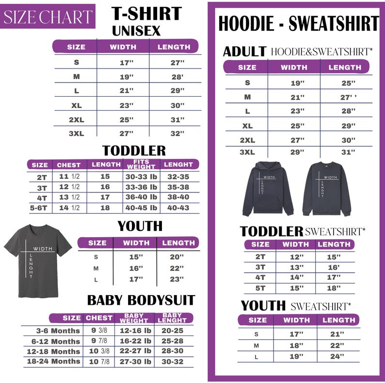 a size chart for T-shirts and hoodies, providing measurements and corresponding sizes for different age groups.