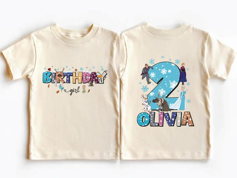 two white t-shirts with birthday-themed designs. The t-shirt on the left has the text "BIRTHDAY girl" and the t-shirt on the right has the text "OLIVIA 2".