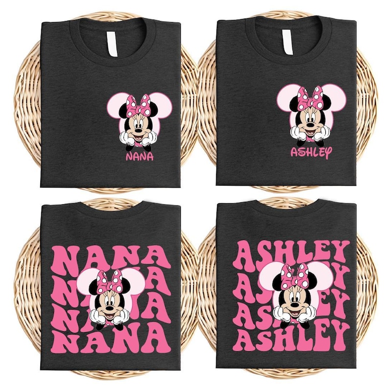 four identical black t-shirts with a Minnie Mouse design and the names "NANA" and "ASHLEY" printed on them.