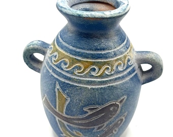 Aegean Blue Dolphin Vase” – Handcrafted Mini Amphora-Style Ceramic Pot