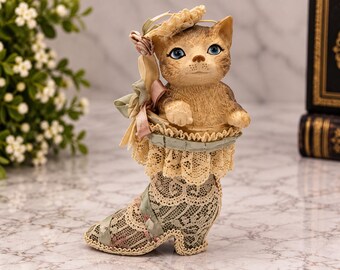 Whimsical Tabby Cat in Lace Spat Shoe/Boot Figurine