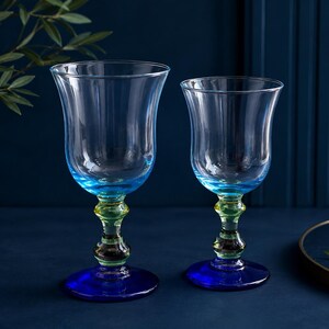 Anthropologie Galleria Water Goblets Set of 2 Blue Green Glass Wine Goblets Vintage image 1