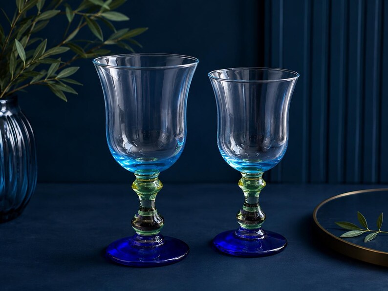 Anthropologie Galleria Water Goblets Set of 2 Blue Green Glass Wine Goblets Vintage image 1