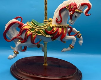 FRANKLIN MINT 9” Christmas Carousel Horse Porcelain Figurine "Scarlet Ribbons"