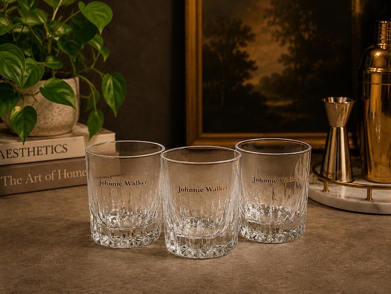 May include: Three clear, textured whiskey glasses with the "Johnnie Walker" logo etched on the front. The glasses are arranged on a dark surface, with a gold cocktail shaker and other bar accessories in the background. A potted plant and books are also visible.