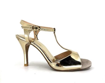 Sapatos de tango Thea Adornos em ouro puro, couro legítimo, feitos à mão, para mulheres