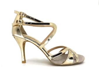 Sapatos de tango Sueno Adornos em ouro puro, couro legítimo, feitos à mão, para mulheres