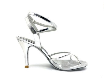 Royal Silver Transparent Border Adornos Tango Schuhe Echtleder Handgefertigte Damenschuhe