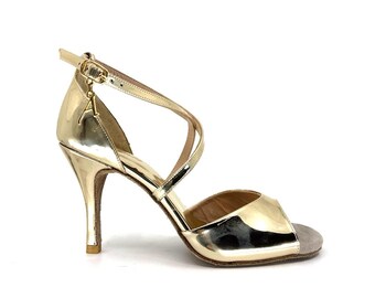 Sapatos de tango Adornos Royal Pure Gold Crossed Ankle, couro legítimo, feitos à mão, femininos