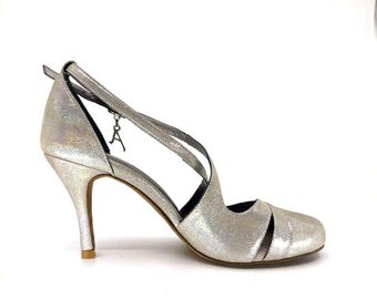 Closed Silver Glitter Bridge Adornos Tango Shoes Genuine Leather Handmade Women&#39;s Shoes