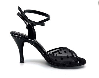 Black Lace Dots Adornos Tango Shoes Genuine Leather Handmade Women&#39;s Shoes