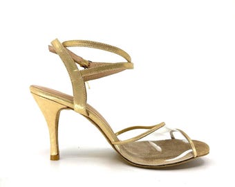 Royal Gold Glitter Transparent Border Adornos Tango Schuhe aus echtem Leder handgefertigte Damenschuhe